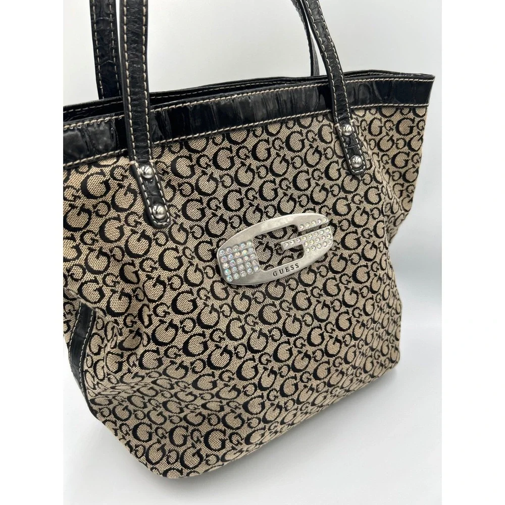 Guess Monogram Tote Bag Black Tan Canvas Rhinestone G Logo‎ Y2K Purse